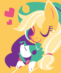 Size: 500x600 | Tagged: dead source, safe, artist:yousukou, applejack, winona, dog, earth pony, pony, g4, alternate color palette, bust, duo, heart, portrait, simple background, yellow background