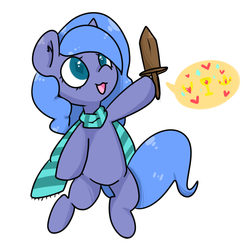 Size: 800x800 | Tagged: safe, artist:pegacornss, princess luna, pony, g4, bipedal, clothes, cute, female, foal, hanatamaguu, scarf, simple background, solo, sword, wooden sword, woona, younger