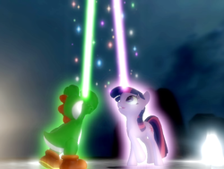 Size: 795x600 | Tagged: safe, artist:icepony64, twilight sparkle, yoshi, g4, 3d, aura, beam, crossover, glowing, glowing horn, gmod, horn, magic, nintendo, paint.net, super mario bros., yoshilight