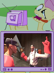 Size: 560x767 | Tagged: safe, fluttershy, g4, derp, exploitable meme, faic, medic, medic (tf2), scout (tf2), scout breaks his fingers, team fortress 2, tv meme, wat