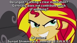 Size: 640x360 | Tagged: safe, edit, edited screencap, screencap, sunset shimmer, equestria girls, g4, my little pony equestria girls, character analysis, demo reel, evil smile, female, image macro, meta, solo, text