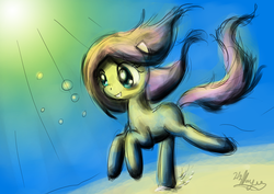 Size: 1000x707 | Tagged: safe, artist:lizziecomics, fluttershy, g4, female, ocean, smiling, solo, swimming, underwater, watershy