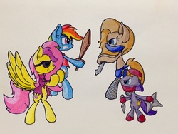 Size: 1280x960 | Tagged: safe, artist:adurot, fluttershy, rainbow dash, oc, earth pony, pegasus, pony, g4, ask-pony-kirby, bipedal, eyepatch, female, mare, ninja, pirate, sunglasses, sword, traditional art, wooden sword