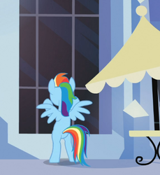 Size: 414x451 | Tagged: safe, screencap, rainbow dash, pegasus, pony, g4, games ponies play, against glass, against wall, bipedal, blank flank, female, mare, peeping dash, solo, window