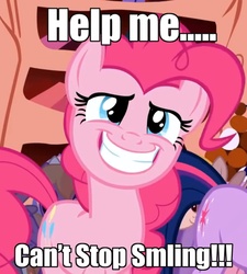 Size: 648x720 | Tagged: safe, edit, edited screencap, screencap, pinkie pie, twilight sparkle, friendship is magic, g4, caption, golden oaks library, image macro, meme, misspelling, smiling