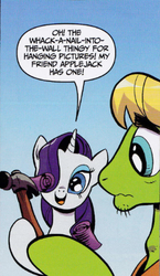 Size: 302x521 | Tagged: safe, artist:andy price, idw, official comic, rarity, tofu, g4, buffy speak, hammer, hippie