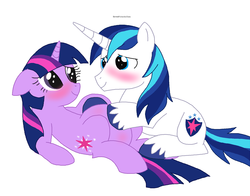 Size: 1811x1420 | Tagged: dead source, safe, artist:eeveepikachuchan, shining armor, twilight sparkle, g4, blushing, female, inbred, incest, infidelity, male, mama twilight, offspring, pregnant, product of incest, ship:shiningsparkle, shipping, straight