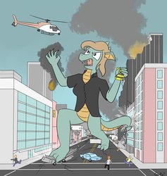 Size: 870x919 | Tagged: safe, artist:rapidstrike, oc, oc only, dragon, human, car, city, corey powell, destruction, fire, giant dragon, giantess, helicopter, macro, rampage