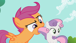 Size: 1280x720 | Tagged: safe, artist:capnpea, edit, scootaloo, sweetie belle, g4, cute, wat