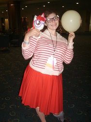 Size: 1024x1365 | Tagged: safe, artist:arp-photography, artist:princessdemonica, twist, human, g4, balloon, cosplay, equestria la, equestria la 2013, glasses, irl, irl human, photo, plushie