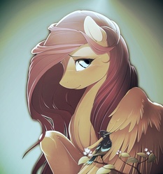 Size: 1008x1080 | Tagged: safe, artist:antiander, artist:shawnyall, edit, fluttershy, bird, pegasus, pony, g4, female, solo, twig