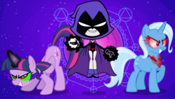 Size: 1920x1080 | Tagged: safe, artist:adcoon, trixie, twilight sparkle, alicorn, pony, g4, alicorn amulet, corrupted, dark magic, female, magic abuse, mare, raven (dc comics), show accurate, sombra eyes, teen titans, teen titans go, twilight sparkle (alicorn), xk-class end-of-the-world scenario