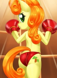 Size: 500x682 | Tagged: safe, artist:pugilismx, carrot top, golden harvest, earth pony, pony, semi-anthro, g4, bipedal, boxing, boxing gloves, butt, clothes, female, foxy boxing, goldenbutt, looking back, mare, panties, plot, solo, underwear