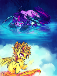 Size: 750x1000 | Tagged: safe, artist:syntactics, spitfire, twilight sparkle, alicorn, cyborg, pony, g4, cloud, crying, scar, twilight sparkle (alicorn)