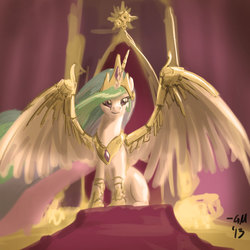 Size: 640x640 | Tagged: dead source, safe, artist:giantmosquito, princess celestia, g4, 30 minute art challenge, armor, female, sitting, solo, spread wings, throne, wing armor