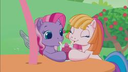 Size: 853x480 | Tagged: safe, starsong, toola-roola, pony, g3, g3.5, cute, shipping fuel, soda, straw