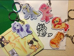 Size: 958x718 | Tagged: safe, artist:yukandasama, applejack, derpy hooves, fluttershy, pinkie pie, rarity, pegasus, pony, g4, customized toy, female, irl, keychain, mare, photo