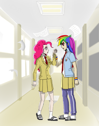 Size: 1049x1332 | Tagged: safe, artist:asdf314159265, pinkie pie, rainbow dash, human, g4, clothes, female, humanized, lesbian, schoolgirl, ship:pinkiedash