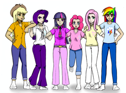 Size: 1340x988 | Tagged: safe, artist:asdf314159265, applejack, fluttershy, pinkie pie, rainbow dash, rarity, twilight sparkle, human, g4, humanized, line-up, mane six, simple background, teenager, white background