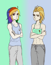 Size: 560x722 | Tagged: safe, artist:asdf314159265, lightning dust, rainbow dash, human, g4, belly button, humanized, midriff