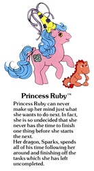 Size: 550x1000 | Tagged: source needed, useless source url, safe, princess primrose, sparks (g1), dragon, earth pony, pony, g1, official, my little pony fact file, open mouth, princess pony, princess ruby, rearing, text