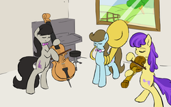 Size: 1280x804 | Tagged: safe, artist:fiddlearts, beauty brass, octavia melody, symphony, earth pony, pony, g4, bipedal, bow (instrument), cello, cello bow, female, fiddlesticks-answers, music, musical instrument, musician, orchestra, piano, sousaphone, trio, trio female, tuba, violin, violin bow
