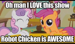 Size: 1024x600 | Tagged: safe, edit, edited screencap, screencap, scootaloo, sweetie belle, pegasus, pony, robot, robot pony, unicorn, call of the cutie, g4, crossover, duo, eyes closed, female, filly, foal, hooves, horn, image macro, open mouth, pun, robot chicken, scootachicken, smiling, spread wings, sweetie bot, visual pun, wings