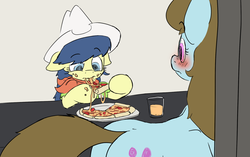 Size: 1280x804 | Tagged: dead source, safe, artist:fiddlearts, beauty brass, fiddlesticks, earth pony, pony, g4, apple family member, blushing, butt, duo, eating, fiddlesticks-answers, food, meat, pepperoni, pepperoni pizza, pizza, plot, table