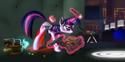 Size: 1600x800 | Tagged: safe, artist:pyrestorm, twilight sparkle, g4, crossover, female, game, gun, m1911, pistol, ponies with guns, receiver, sentry, solo, tape