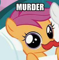 Size: 195x200 | Tagged: safe, edit, scootaloo, g4, facial hair, female, image macro, moustache, moustache edit, murder, one word, solo