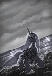 Size: 1024x1495 | Tagged: safe, artist:slawomiro, princess luna, g4, female, grayscale, rain, scenery, solo, water