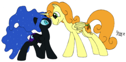 Size: 2984x1482 | Tagged: safe, artist:poldekpl, carrot top, golden harvest, nightmare moon, alicorn, pony, g4, alicornified, carrotcorn, carrotmoon, duo, duo female, female, mare, race swap, shipping, simple background, transparent background