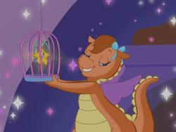 Size: 640x480 | Tagged: safe, screencap, twinkle wish, whimsey weatherbe, dragon, g3, g3.5, twinkle wish adventure, bedroom eyes, bow, cage, dragoness, female, hair bow, smug