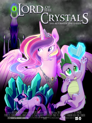 Size: 600x800 | Tagged: safe, artist:starkindlerstudio, king sombra, princess cadance, spike, twilight sparkle, alicorn, dragon, pony, unicorn, g4, barad-dûr, crossover, crown, crystal, eye of sauron, female, floppy ears, frown, gritted teeth, lord of the rings, male, mare, necklace, parody, sauron, serious, spread wings, unicorn twilight