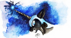 Size: 3291x1770 | Tagged: safe, artist:ladybd, nightmare moon, alicorn, pony, g4, fangs, female, magic, sharp teeth, solo, teeth, traditional art, watercolor painting