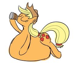 Size: 1305x1123 | Tagged: safe, artist:calorie, applejack, g4, belly, cider, eyes closed, fat, female, hat, inflation, simple background, solo, stuffing