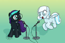 Size: 1950x1300 | Tagged: safe, artist:dahtamnay, oc, oc only, oc:nyx, oc:snowdrop, alicorn, pony, alicorn oc, blank flank, duet, glasses, microphone, singing, snownyx