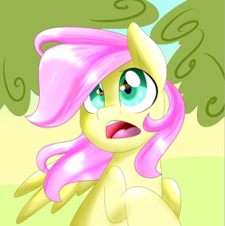 Size: 571x573 | Tagged: safe, artist:derpiliciouspony, fluttershy, g4, concerned, female, filly, looking up, solo, surprised, tree