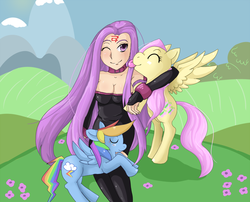 Size: 1530x1237 | Tagged: safe, artist:koneko, fluttershy, rainbow dash, g4, crossover, fate/stay night, licking, rider