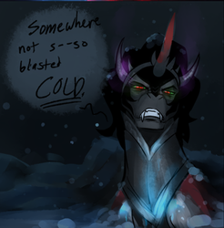 Size: 309x314 | Tagged: safe, artist:peachiekeenie, king sombra, pony, unicorn, g4, bust, crystal, crystal empire, dark magic, darkness, frown, gritted teeth, horn, looking at you, male, snow, solo, speech bubble, stallion, teeth