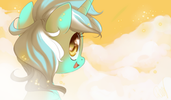 Size: 1406x826 | Tagged: dead source, safe, artist:loyaldis, lyra heartstrings, pony, unicorn, g4, cloud, female, heart eyes, looking at you, looking back, open mouth, smiling, solo, wingding eyes