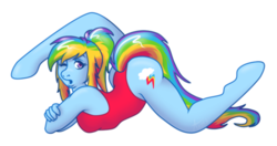 Size: 500x263 | Tagged: dead source, safe, artist:anzicorn, rainbow dash, anthro, unguligrade anthro, g4, active stretch, backbend, clothes, contortionist, female, flexible, leotard, one-piece swimsuit, simple background, solo, swimsuit, transparent background, wingless, wingless anthro