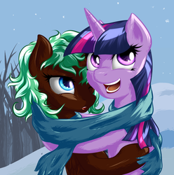 Size: 960x967 | Tagged: safe, artist:equie, twilight sparkle, oc, oc:equie, g4, canon x oc, clothes, female, hug, lesbian, scarf, shared clothing, shared scarf, shipping