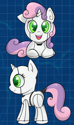 Size: 602x1018 | Tagged: safe, artist:rainbro-stache, sweetie belle, pony, robot, robot pony, unicorn, g4, blank flank, cute, diasweetes, female, filly, foal, hooves, horn, looking at you, lying down, open mouth, prone, solo, standing, sweetie bot, teeth