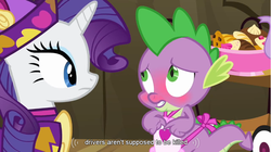 Size: 855x480 | Tagged: safe, edit, edited screencap, screencap, rarity, spike, dragon, pony, unicorn, dragon quest, g4, blushing, caption, female, hub logo, male, mare, youtube caption