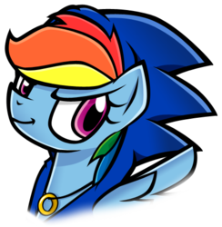 Size: 462x474 | Tagged: safe, artist:realorunan0459, rainbow dash, g4, clothes, cosplay, crossover, female, hoodie, male, necklace, portrait, ring, simple background, smiling, smirk, solo, sonic channel, sonic the hedgehog, sonic the hedgehog (series), style emulation, transparent background, yuji uekawa style