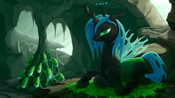 Size: 2880x1620 | Tagged: safe, artist:dahtamnay, queen chrysalis, changeling, changeling queen, g4, cave, crown, egg, female, jewelry, regalia, solo