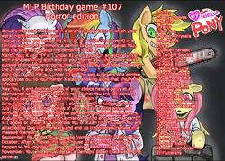 Size: 1400x1000 | Tagged: safe, apple bloom, applejack, derpy hooves, dinky hooves, discord, fluttershy, pinkie pie, queen chrysalis, rainbow dash, rarity, scootaloo, sweetie belle, trixie, twilight sparkle, g4, birthday game, exploitable meme, meme