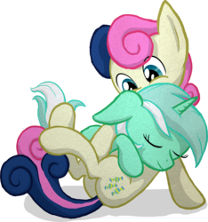 Size: 1000x1069 | Tagged: safe, artist:mnmk, bon bon, lyra heartstrings, sweetie drops, earth pony, pony, unicorn, g4, adorabon, cute, duo, eyes closed, female, hug, lesbian, lyrabetes, ship:lyrabon, shipping, simple background, smiling, transparent background