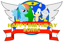Size: 5018x3412 | Tagged: safe, artist:frankleonhart, rainbow dash, g4, absurd resolution, crossover, happy birthday, logo, male, simple background, sonic the hedgehog, sonic the hedgehog (series), transparent background, vector